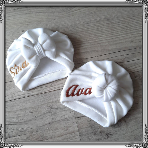 Turban bonnet nœud, buns ou simple personnalisable Prénom brodé tissu sweat fourré et chaud 15 couleurs